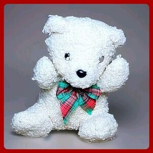 Sasco Vintage Teddy Bear Plush 7"‎ White Terry Cloth Christmas Plaid Bow Stuffed